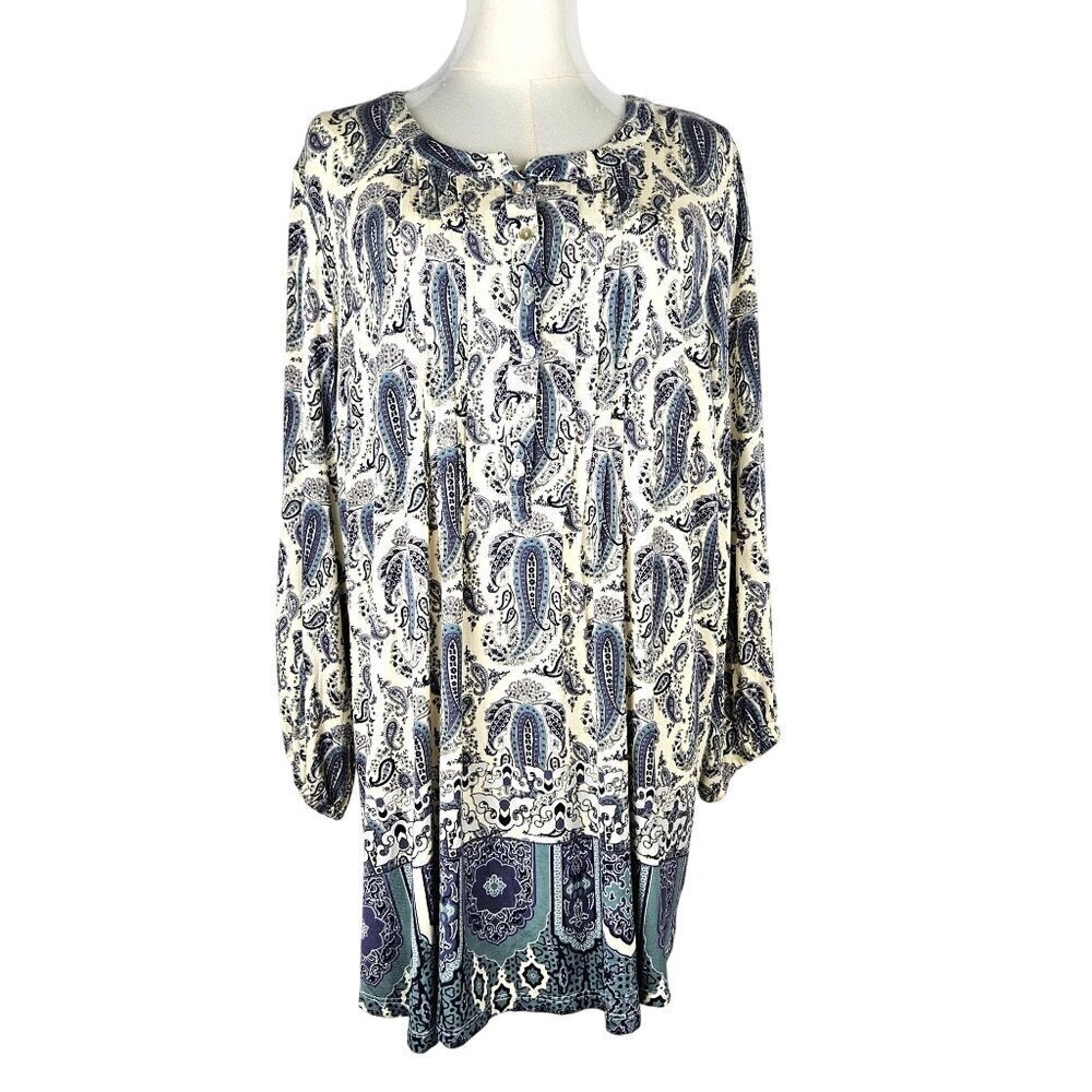 Rose + Olive Womens 1X Paisley Border Boho Print Tunic Top‎ Blue & White